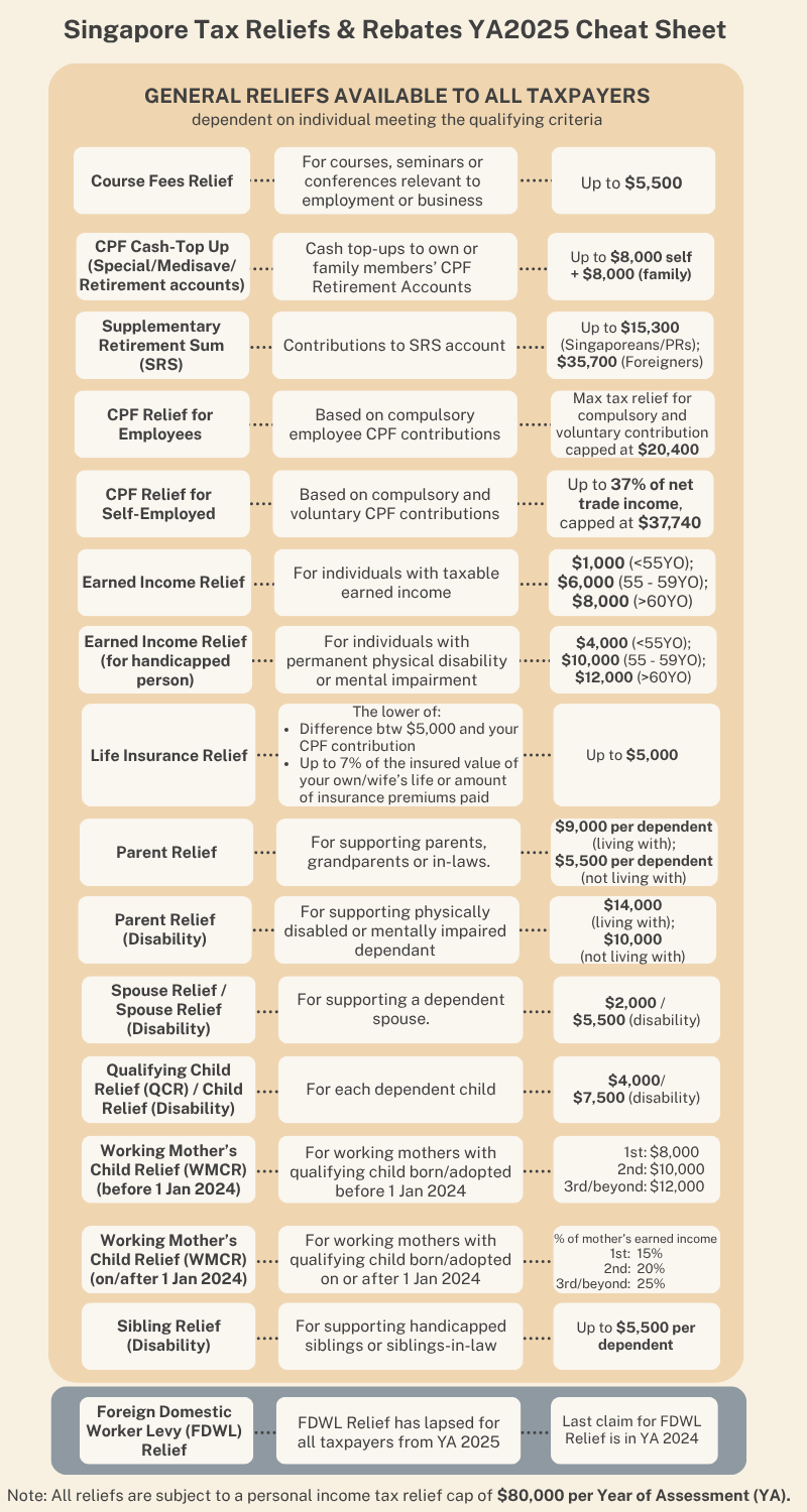 singapore tax reliefs rebates ya2025 cheat sheet 1